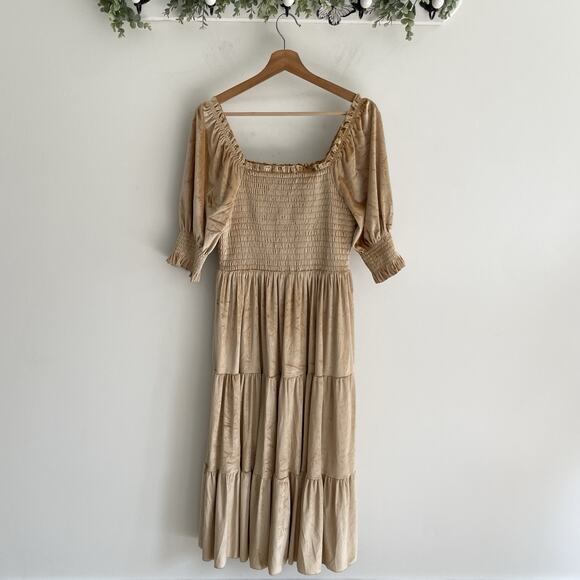 Baltic Born Gold Velvet Lined Stretchy Square Neck Puff Sleeve Maxi Dress Sz M - Picture 2 of 5